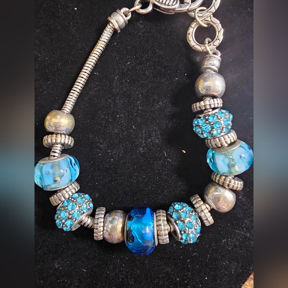 Mivita Blue Glass Bead Rhinestone Silver Tone 10" Bracelet 19 beads & Spacers